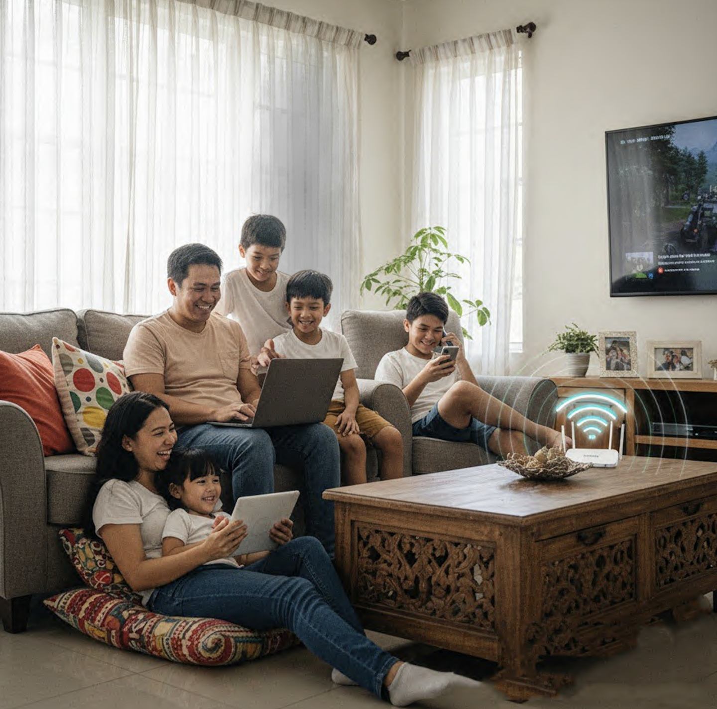 Happy family using internet